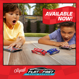 Two kids playing with Flat2Fast toy race cars.  Available Now