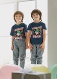 Two adorable young children wearing their Rex Out of This World tee shirts.