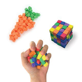 a hand holding a pile of colorful cubes, a carrot and a large cube made of fidl bitz