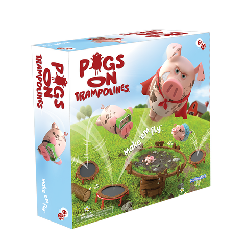 Box of the game with cartoon pigs bouncing off trampolines.