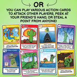 Playing instructions on how to use action cards in What's the Point? The Cactus Card Game.  Shows 8 different cards and the imaginative cactus themed card illustrations!