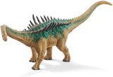 Model of Agustinia from the front. Long neck and long tail with spines projecting about 45 degrees from the spine on each side. Coloration is mostly shades of light brown with some dark green highlights especially around the spines.