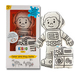 Kiboo Kids color and play doll, boy astronaut. Doll shown uncolored and with doll backpack.