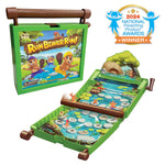 Game closed and in open position.  Log is rolling down the game field knocking over the playing pieces.  2024 national parenting products awards winner seal.  