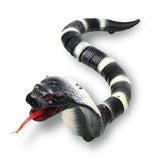 RC snake with black and white stripes and a long red tongue sticking out.  