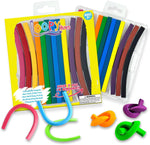 12 colors of long bendable crayons.  Red, blue, and green crayons are bent in a u shape, and orange, purple, and green crayons are tied in knots.