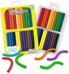 24 colors of bendable crayons.  Red, blue, and green in a bent shape, and orange, purple, and green bent in an s shape.