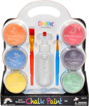 Package of Chalk Paint.  Tangerine Orange, Paradise Blue, Sunshine Yellow, Watermelon Pink, Periwinkle Purple, and Ocean Aqua powdered chalk colors.  A large tip red brush, a small tip blue brush, a water bottle and mixing spoon all in a tray that doubles as a mixing station.