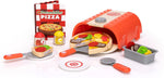 Pretend pizza oven with most of a pizza on the peel and one slice on a spatula.  A tray holds felt toppings, there is a pizza cutter and two plates, and a shaker for red pepper and cheese.