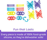 Colorful silicone toys on a white background with text about food-grade safety.