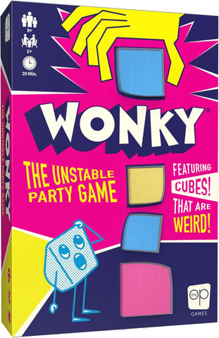 Wonky game box displaying the odd shaped blocks that must be stacked in the game.  