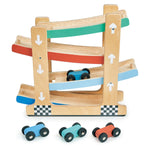 Wooden ramp toy with 4 stacked levels of ramps, painted green, red, light blue and dark blue, with matching color wooden race cars.