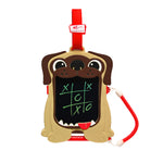 light brown puppy with digital sketch pad in its mouth with game of tic tac toe on it