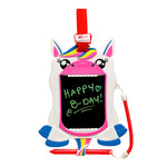 bright color unicorn with digital sketch pad in its mouth, with "Happy B-Day"  and two hearts drawn on it