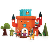 Front of the Playper Castle.  Drawbridge is down with the queen standing in the door.  A knight on a horse, dragon, and king are standing outside with trees and bushes.  A troll is standing on a balcony, and the princess is peeking out the window in the top tower.  