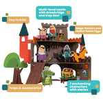 Back side of the castle playset with the characters standing on the 3 levels.  