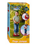 Box showing a young boy playing with the pogo jumper outdoors, and a young girl playing with the pogo jumper indoors.  