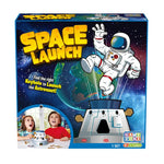 Game box with a cartoon astronaut launching from a space capsule.  Inset on the box shows two kids playing the game with the astronaut figure flying from the top of the game.