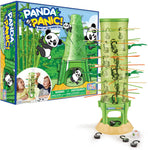 Game is a tall green tower with sticks running through it.  Panda tokens hang on the sticks by their arms.  3 panda tokens are on the table along with a colorful die.  