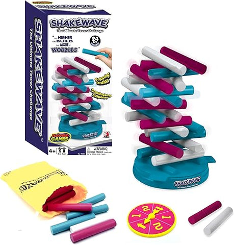 Shakewave box with game set up outside the box.  Number spinner and several rolling planks.  Tower is built and has motion effects added to make it look like it might fall.  