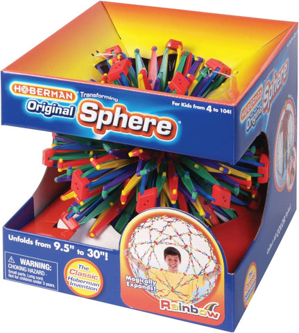 Bright and colorful hoberman sphere in the box.