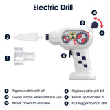 View and description of the included toy electric drill.  Has replaceable drill bit, visible moving gears, and forward and reverse.