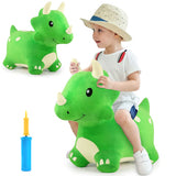 Adorable child wearing a fedora style hat bouncing on the green Bouncy Triceratops!  Inflation pump shown to the side. 