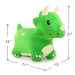 Pictures shows dimensions of the Bouncy Triceratops.  21" tall at the head, 14" tall at the tail, 12" wide and 17" long.
