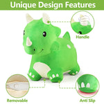 Picture shows unique design features of the Bouncy Triceratops.  Horns serve as handles.  Cover is removable for easy cleaning and provides an anti-slip feature to the feet.