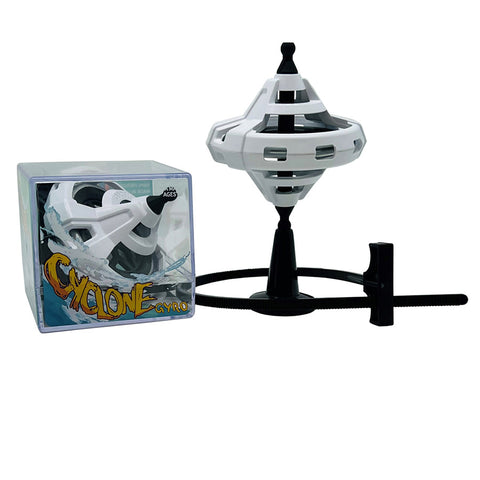 Cyclone Gyroscope in and out of box.  Shown with included stand and zip cord.