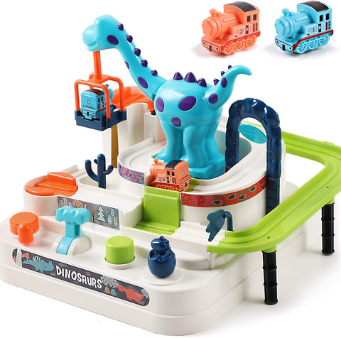 toy with dinosaur lifting trains to the top of a track with obstacles
