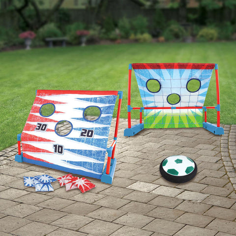 both sides of moving goal shown, one a soccer goal with a hover soccer disc, the other has three holes and 6 bean bags to toss in