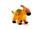 Knit parasaurolophus toy, orange with green patterns on its back.