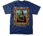 Navy tee with image of the Mona Lisa with a dinosaur as the main subject of the painting.  Surrounded by an intricate gold frame.