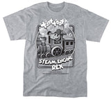 heather grey tee shirt with old black and white style cartoon image with dinosaur Rex as a train engineer.  The steam says 'toot toot', and below the shirt says Steam Engine Rex.