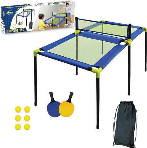 Trampoline Pong box with all included pieces shown.  6 balls, two paddles, storage bag, and the setup table with net.