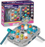 Whack Attack space moles game shown outside box with a mole on each side lit up and the two hammers ready to play.  