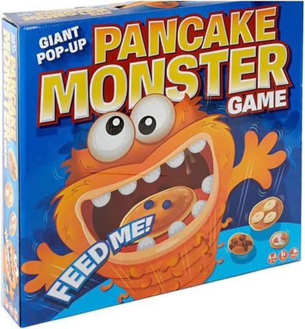 Front of box with an illustrated pancake monster saying "Feed me!".
