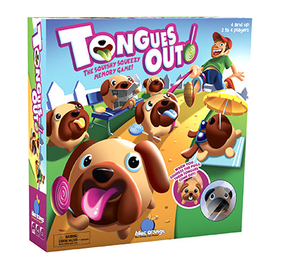 Tongues Out!  Front of box.  Colorful illustration of adorable pugs with brightly stained tongues licking lollipops.