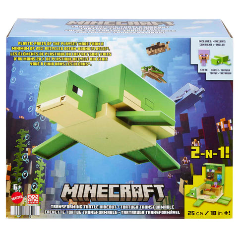 Box for Minecraft Transforming Turtle Hideout showing product in an ocean setting with other turtles and creatures swimming around.  