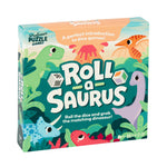 Front of box displays an adorable green T. rex, a cute blue spotted Triceratops, an orange striped Pteranodon and other prehistoric creatures!  A cartoon volcano is erupting in the background.  Next to the name of the game is each of the dice, quickly demonstrating one is for the color of the creature and the other is for the pattern that must match.