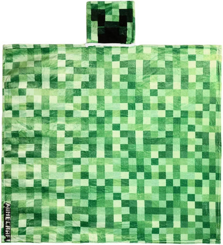 Blanket fully spread out.  Has various shades of green squares for the classic Minecraft look.  Zippered pocket is at the top with the classic Creeper face design.