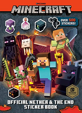 Cover of Minecraft Official Nether & The End Sticker Book featuring Steve and Alex fighting zombies, dragons, and other creatures in a lava filled cavern. 