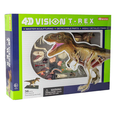 Packaging for 4D Vision T. rex model.  Shows enlarged view of assembled model and has clear window showing the many pieces, bones, organs, etc in the kit.  