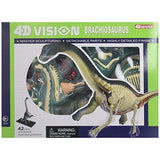 4D Brachiosaurus front package showing actual pieces of the model though the clear openings, and a representation of the model when finished and how one side appears like an alive Brachiosaurus, but the other side shows the inner workings like bones, organs, and muscles.