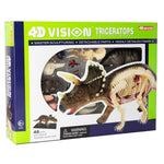 4D Vision Triceratops Anatomy Model.  Box view that shows assembled model and clear plastic window showing many different parts including bones, organs, skin, and other parts.  