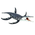 Kronosaurus with open mouth and exposed teeth.  Body coloration is white with dark and light grey stripes and patterns.  