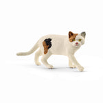 Model of American Shorthair cat from the right.  Head is turned staring to the right.  Coat is mostly white with the rare tan and black spot on the body, and a tan patch over the right eye and ear.  