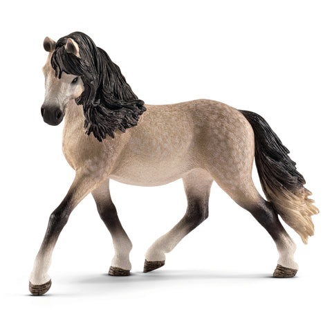 Model of Andalusian mare from the left.  Model has a walking gait.  Dark brown to black long mane, and same color tail but with a lighter tan/grey tip.  Coat is a light brown to grey with very faint light spots visible in parts.  Coat gets dark brown around the leg joints then white at the hooves.  