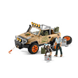 Fully assembled set out of box.  Rugged off-road vehicle with roll cage, light bar on the top, and a winch on the front.  All parts in the playset are shown including spare tire, jerry can, mechanic tools, male figure, veterinary first aid kits, and a chimpanzee figure.